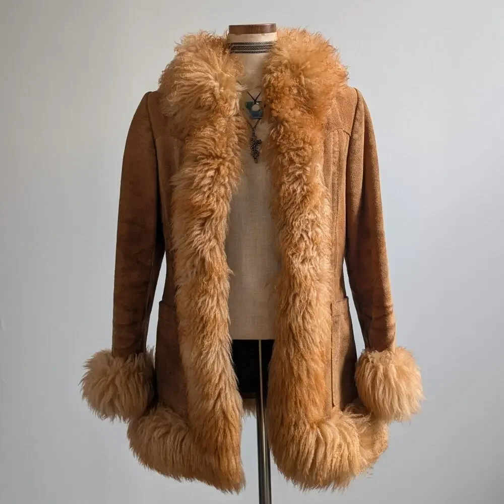 Vintage Rusty Orange Suede Penny Lane Jacket Leather Trench Coat Fur Coat Small - Picture 3 of 10